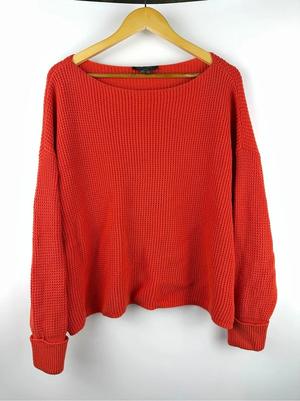 Boatneck Chunky Knit Sweater Orange Red French Connection Waffle 100% Cotton